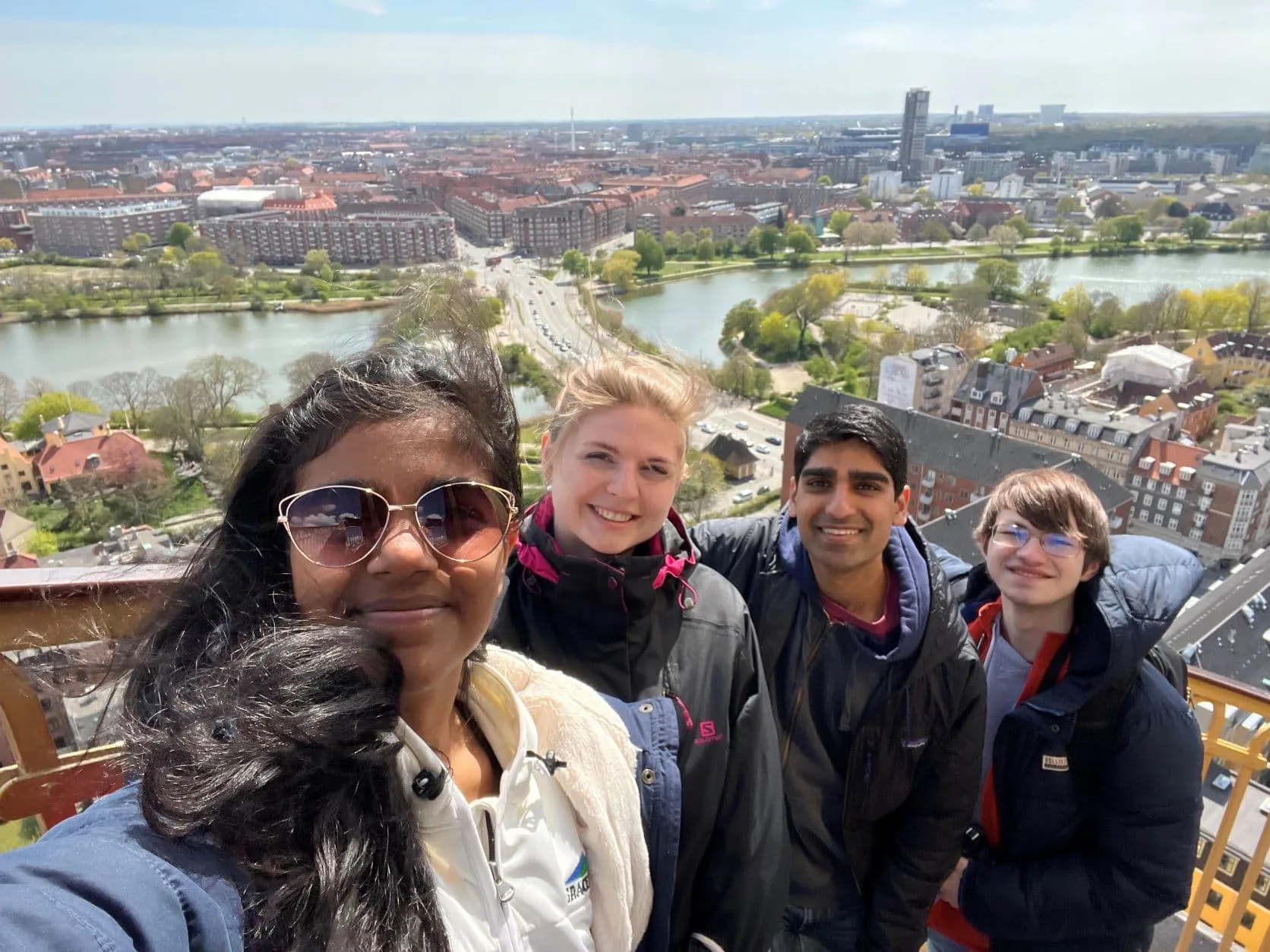 Group photo on top of a clock tower in Copenhagen